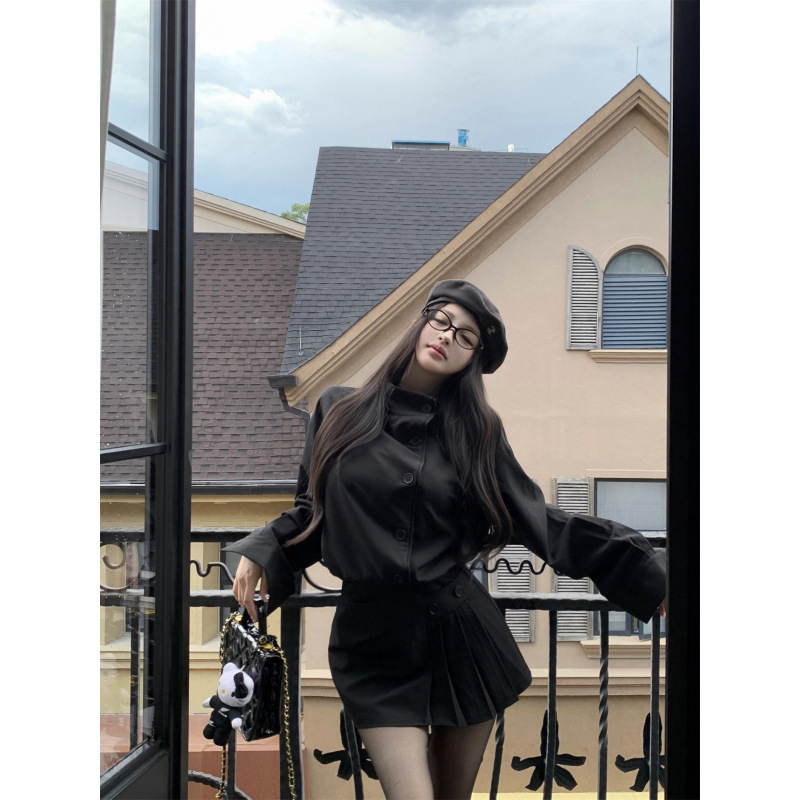 昕可达 贝克街魔女 复古格纹立领设计长袖连衣裙单排扣辣妹短裙|undefined