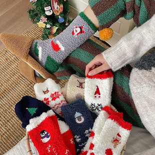 Christmas socks coral fleece women's winter warm home floor socks sleep socks cartoon Christmas gift tube socks