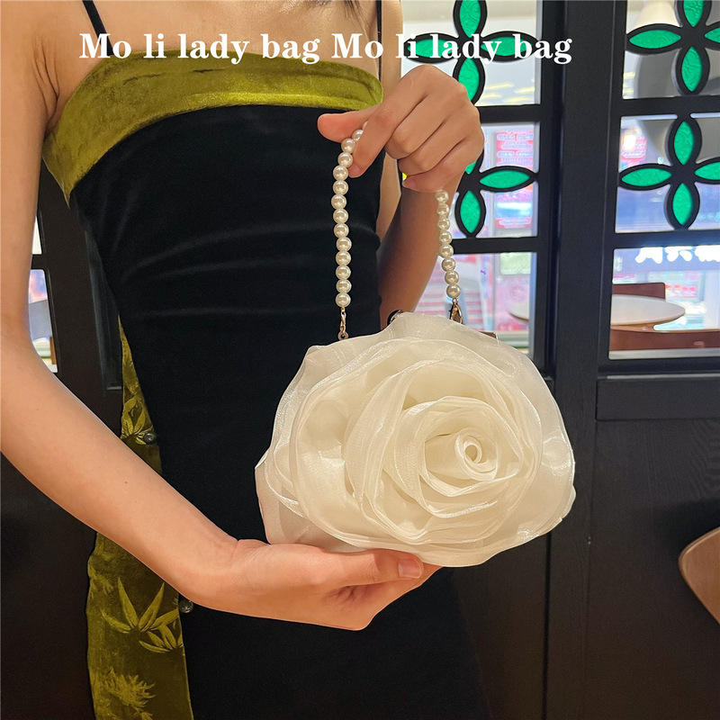 New Style Guofeng Lady Vintage Pearl Hand Camellia Bridal Bag Banquet Bag Fairy Crossbody Portable Small Round Bag