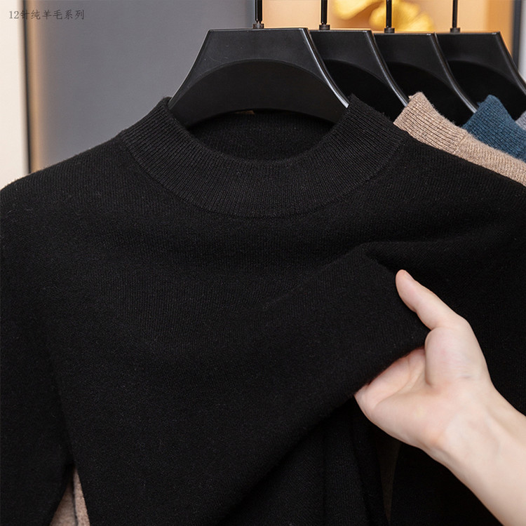 Hombre de cuello medio alto otoño invierno lana de color sólido de punto hombre de mediana edad chaqueta de manga larga de color sólido suéter de base cálido