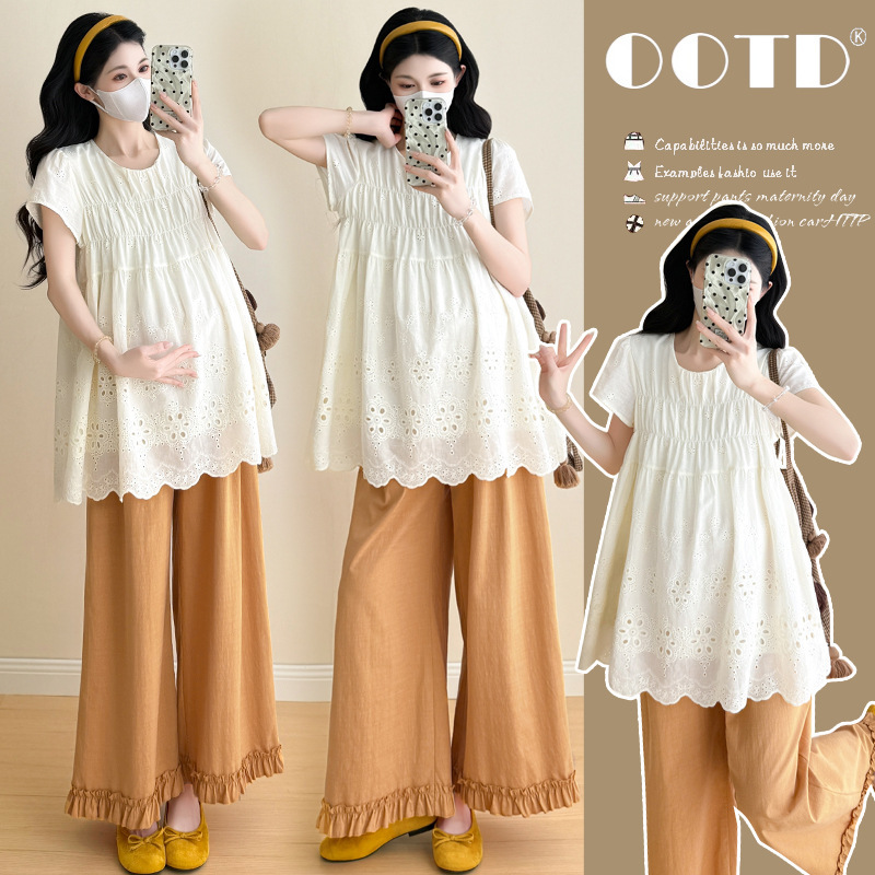 Maternity Wear Summer Trendy Mom New Set Pregnancy High-End Fashion Heavy Embroidery Top Maternity Drawstring Pants