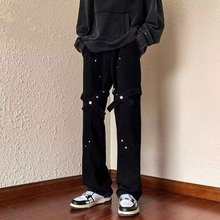 美式复古新款纯黑牛仔裤男秋季潮流绑带设计感微喇裤机能长裤