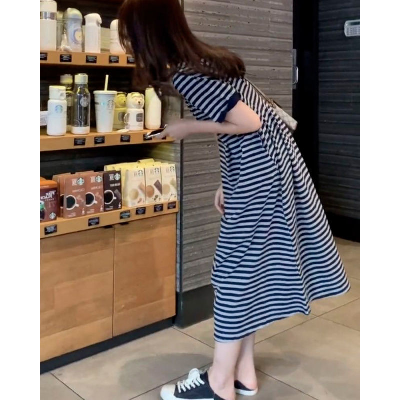 女性用ピュアコットンストライプドレス、夏カジュアル、ゆったり大きいサイズ、お腹カバー、膝上ウエスト痩身、ロングTシャツドレス|undefined