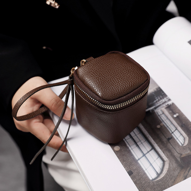 Bolsa de maquillaje de cuero retrógrado, bolso de cambio de lápiz labial, bolso de viaje portátil, barril de almacenamiento personalizado, mini bolso de cambio redondo