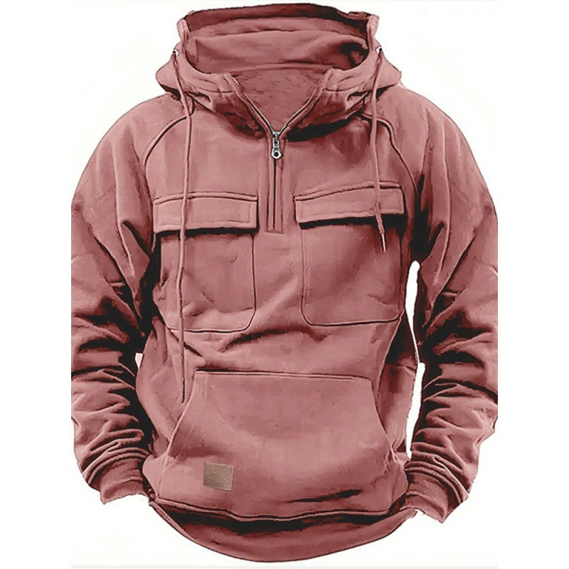 Cross-Border Amazon Spring and Autumn New Men's Hooded Solid Color Sweatshirt Youth Sports Multi-Pocket Leather Sweatshirt Jacket