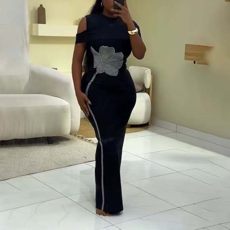 European and American Cross-Border Fashion New Short-Sleeved Light Luxury Hot Diamond Rose Flower Ladylike Bandage Dress Evening Dress