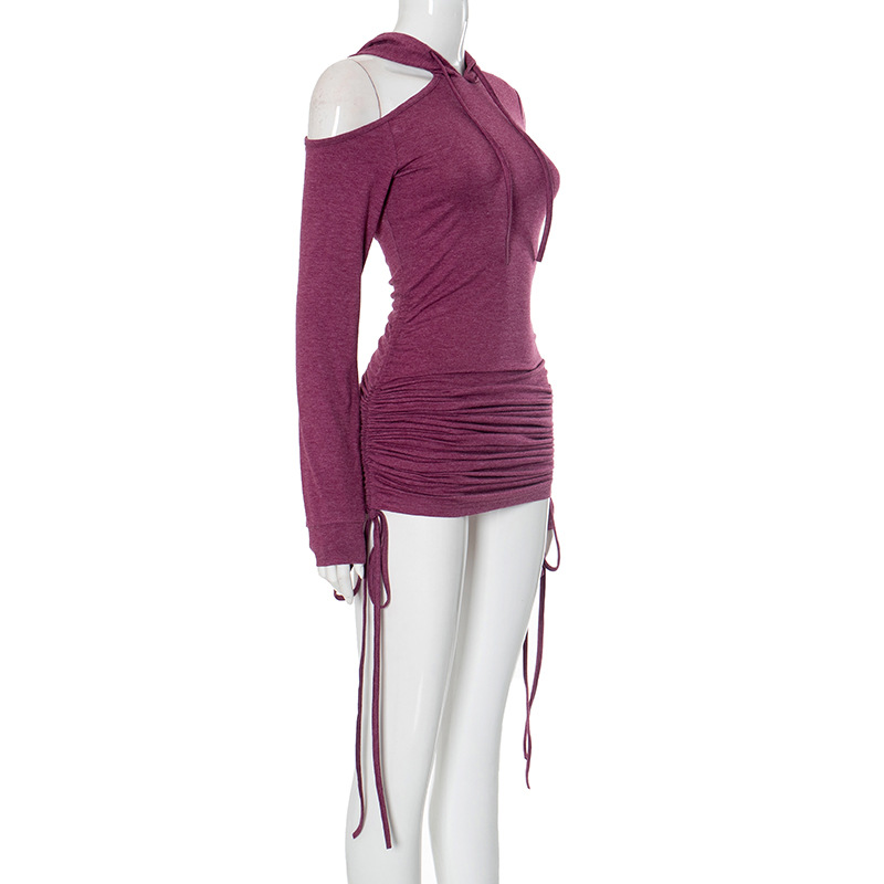 Autumn Solid Color Slim off the Shoulder Drawstring Dress Women 11 Autumn Solid Color Slim off the Shoulder Drawstring Dress Women