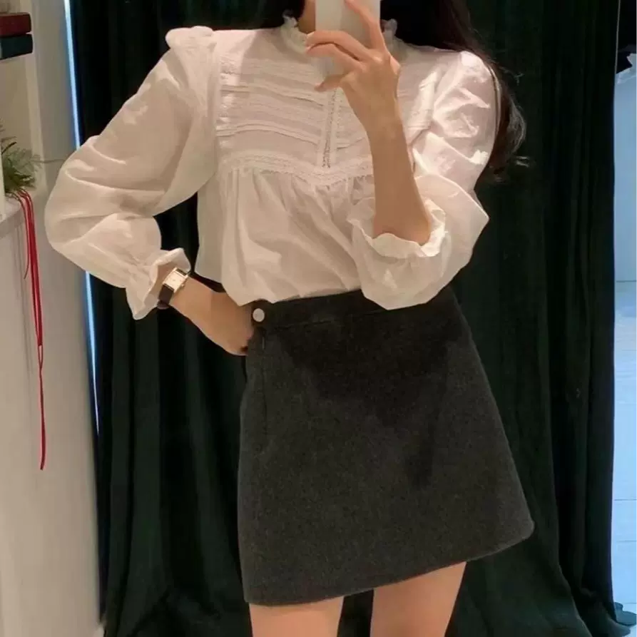 现货 2025秋季新韩国东大门th*Bar*net高腰A字100羊毛短裙半身裙