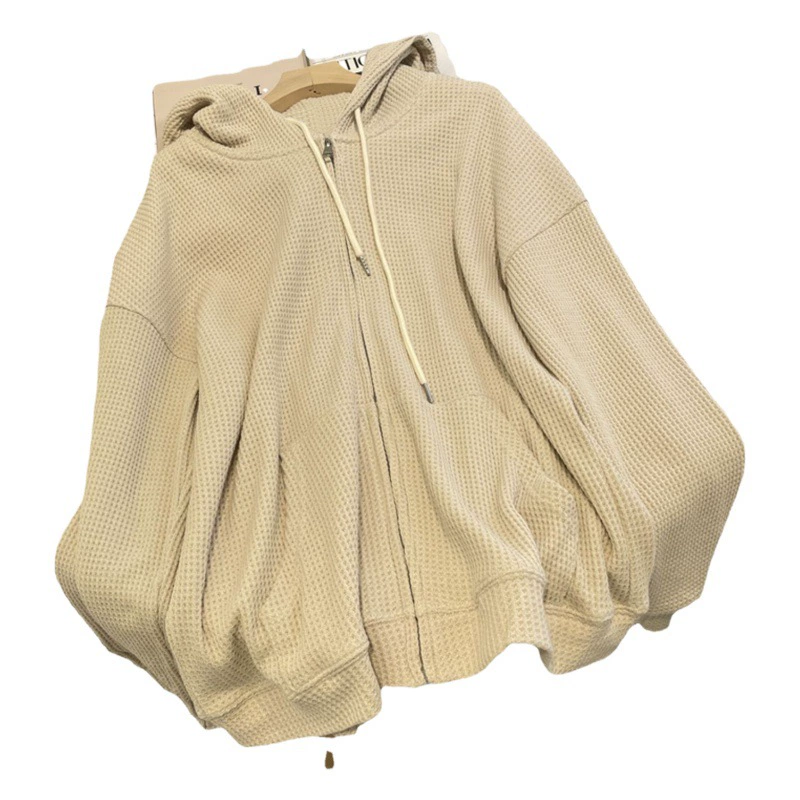 Вафельная толстовка с капюшоном для женщин восени, новый свободный утягивающий вид, нишевый дизайн, весенне-летняя куртка, женский кардиган на молнии