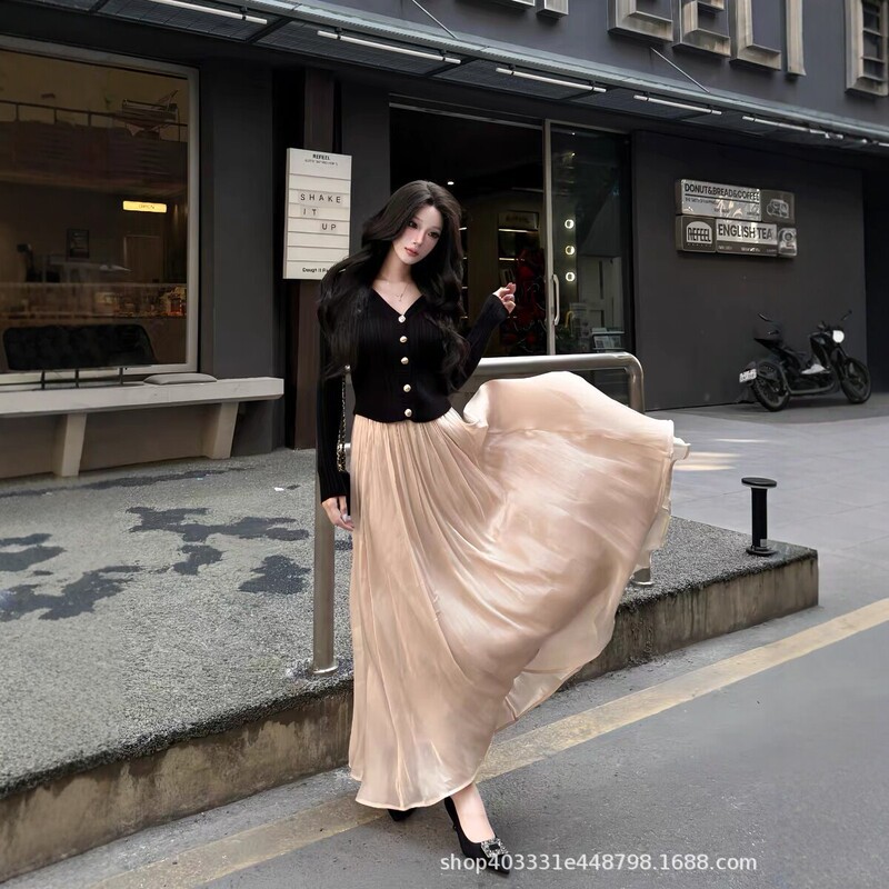 Island Satin Flared Skirt for Women, High-Waisted, Slimming, Flowing Long Skirt, New Spring/Summer Pleated Skirt for Work and Dates