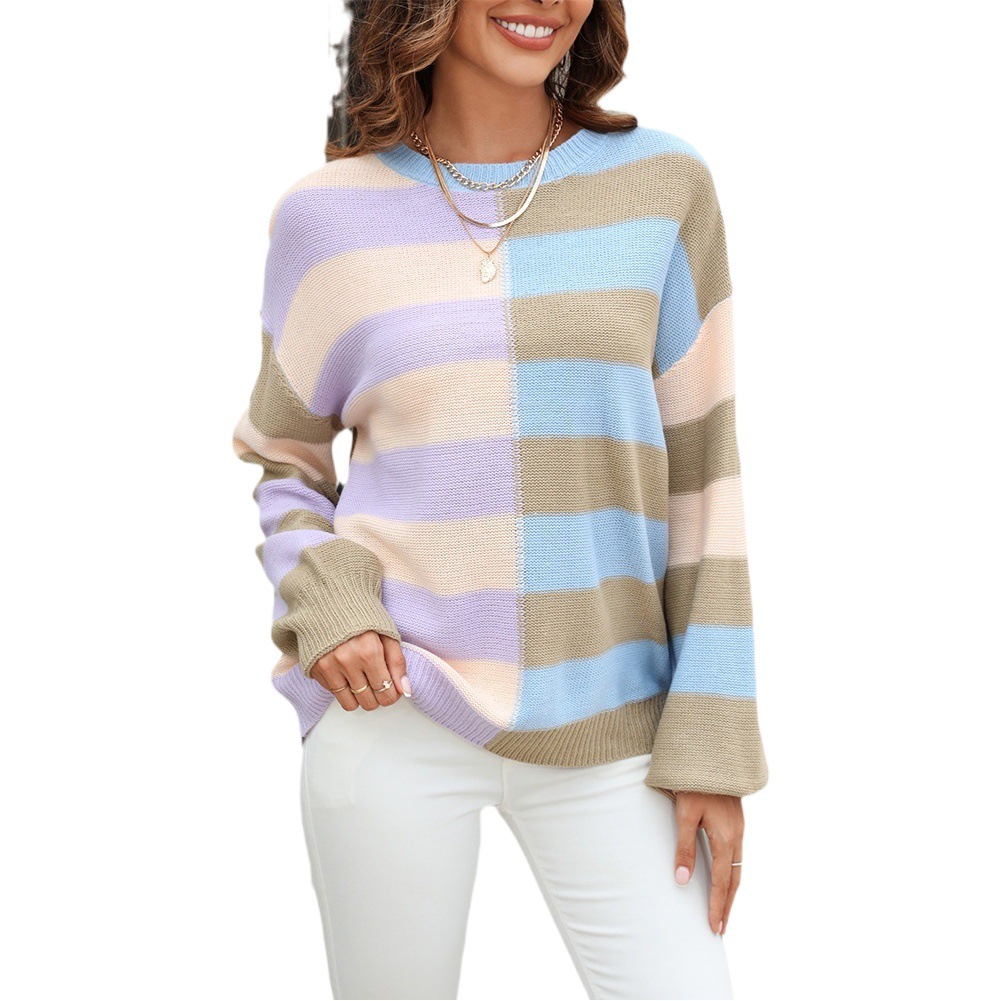 Suéter de Punto con Cuello Redondo, Estilo Europeo y Americano, para Mujer, Primavera-Otoño 2026, Diseño de Bloques de Color y Rayas con Parches, Moda Amazon. image 1