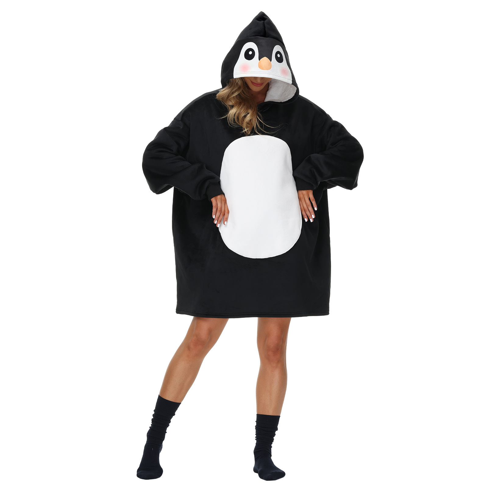 penguin digital print silver fox velvet loose hooded blanket sweatershirt nihaostyles wholesale clothing NSMDF86119