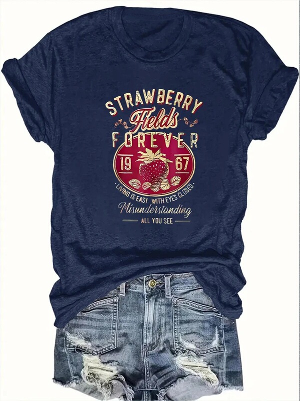 Harajuku Strawberry Field Letter Print Women's T-Shirt Short Sleeve Round Neck Summer Casual Top Women's Shirt Cotton