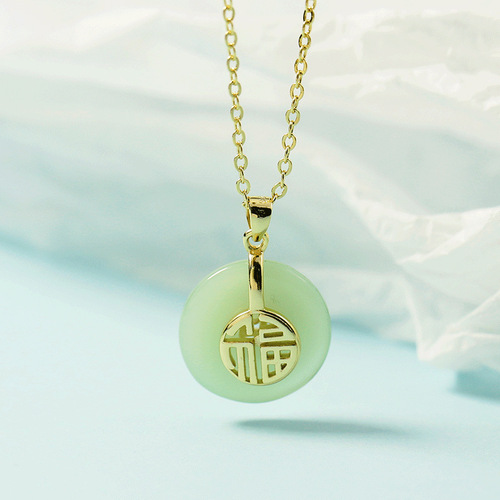  retro fashion temperament versatile safe buckle with blessing word Hetian jade pendant titanium steel necklace clavicle chain for women trend