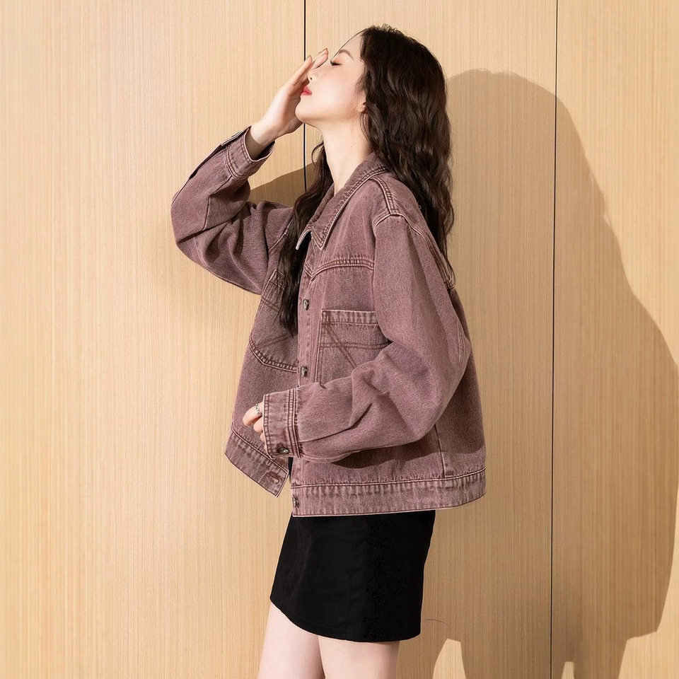 Áo khoác denim nữ cổ bẻ dáng rộng phong cách retro, giặt mài, dài tay, dáng ngắn — Màu tím