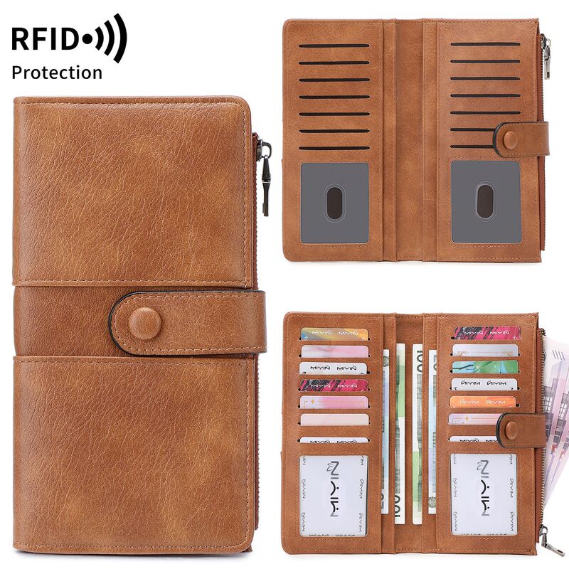 Cross-Border Rfid Anti-Theft Women's Long Wallet European and American Retro Bi-Fold Multi-Card Slot Buckle Wallet Fashion Clutch Bag