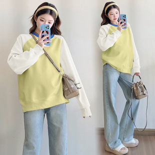 2025 New Pregnant Women's Dress Stitching Top Spring Fashion Western Style Loose plus size All-match Long Sleeve Pregnant Women's T-shirt