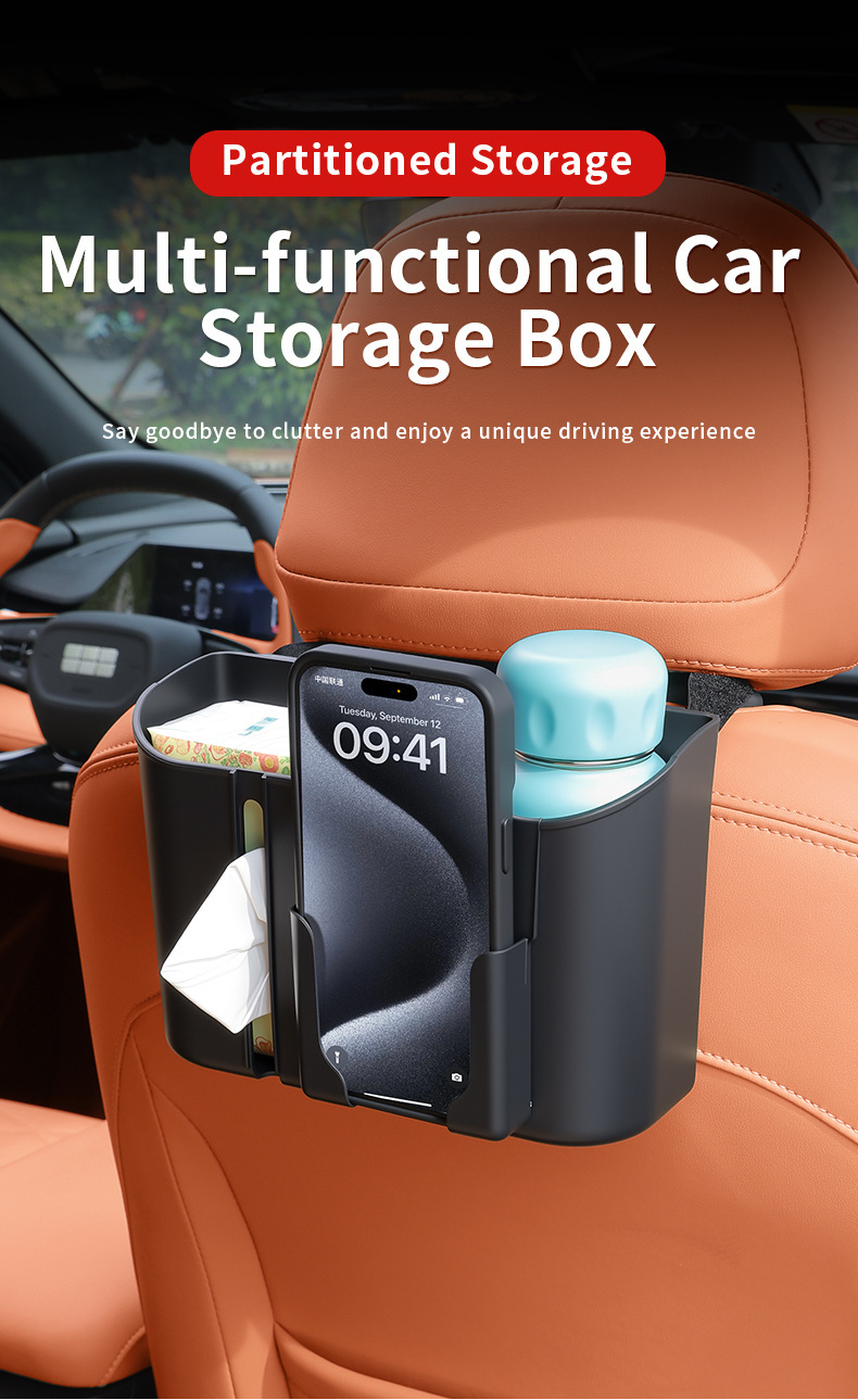 Car rear seat headrest side storage box, plastic thickened snap-on design, 2-in-1 tissue box with cup holder