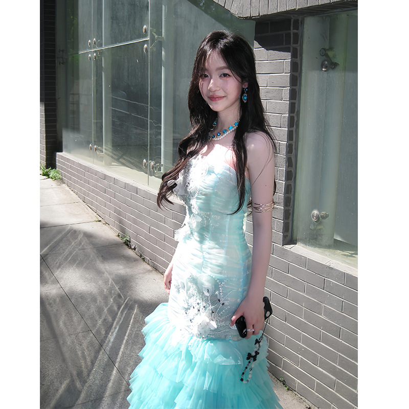 Green Coming-Of-Age Ceremony Dress, Light Luxury, Niche, Banquet, Vocal Arts Exam, Host Performance Dress, Strapless Dress, Stunning Summer