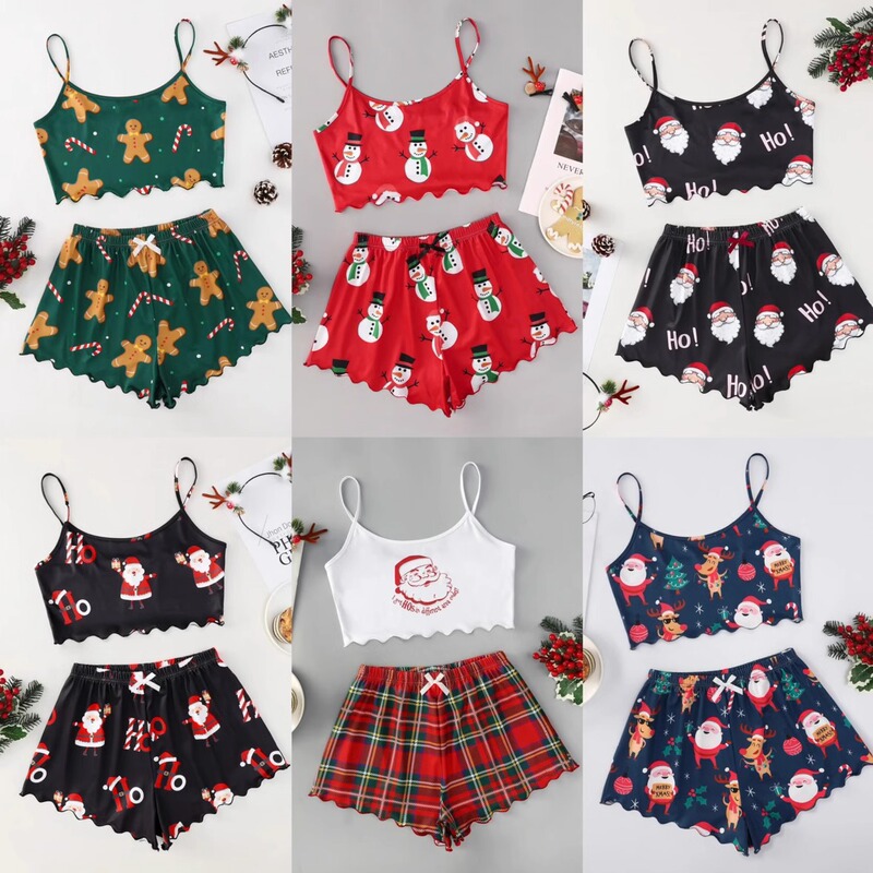 Christmas European and American Style Thin Pajamas Sleeveless Shorts Milk Silk Simple Casual Two-Piece Loungewear Comfortable and Relaxed Christmas European and American Style Thin Pajamas Sleeveless Shorts Milk Silk Simple Casual Two-Piece Loungewear Comfortable and Relaxed