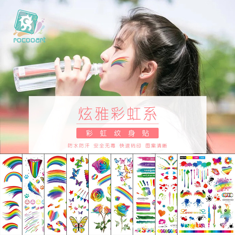 Hot Selling Waterproof Disposable Rainbow Style Tattoo Sticker Arm Face Sticker Forehead Fashion Temporary Tattoo Sticker