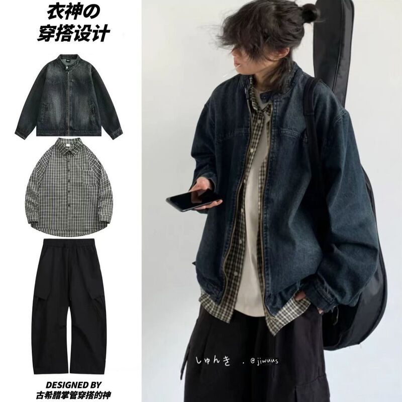 Three-Piece Set / Spring and Autumn Japanese Retro Trendy Brand Washed Denim Jacket for Men, Vintage Boyfriend Style Casual Jacket Set