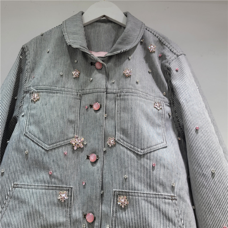 Flores de diamante de rayas chaqueta denim mujer otoño invierno 2025 nuevo estilo coreano suelto chaqueta de textura casual