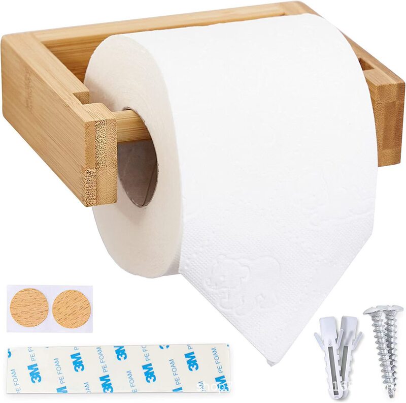 Wooden Toilet Paper Roll Holder Bamboo Toilet Paper Holder Wall Mounted Paper Towel Holder Adhesive Bathroom Tissue Holder