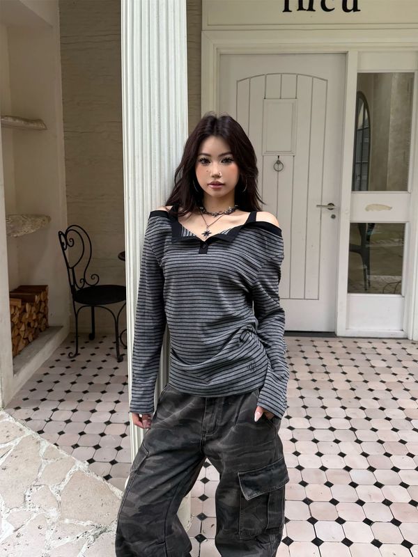 设计感美式基础款休闲吊带露肩横条纹修身长袖T恤衫显瘦女上衣ins|undefined