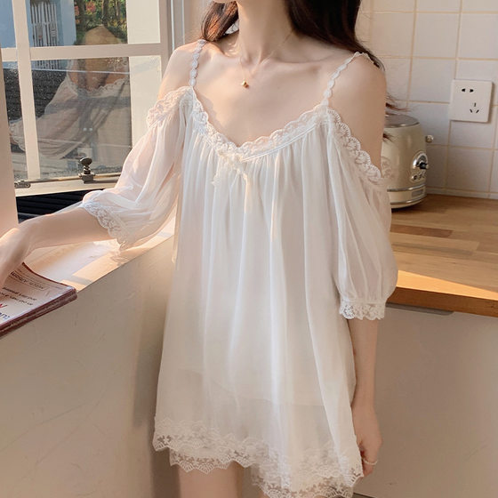One-Shoulder Chest Pad Mesh Pajamas Set Summer Lace Thin Loose Women's Home Wear New Two-Piece Set 319