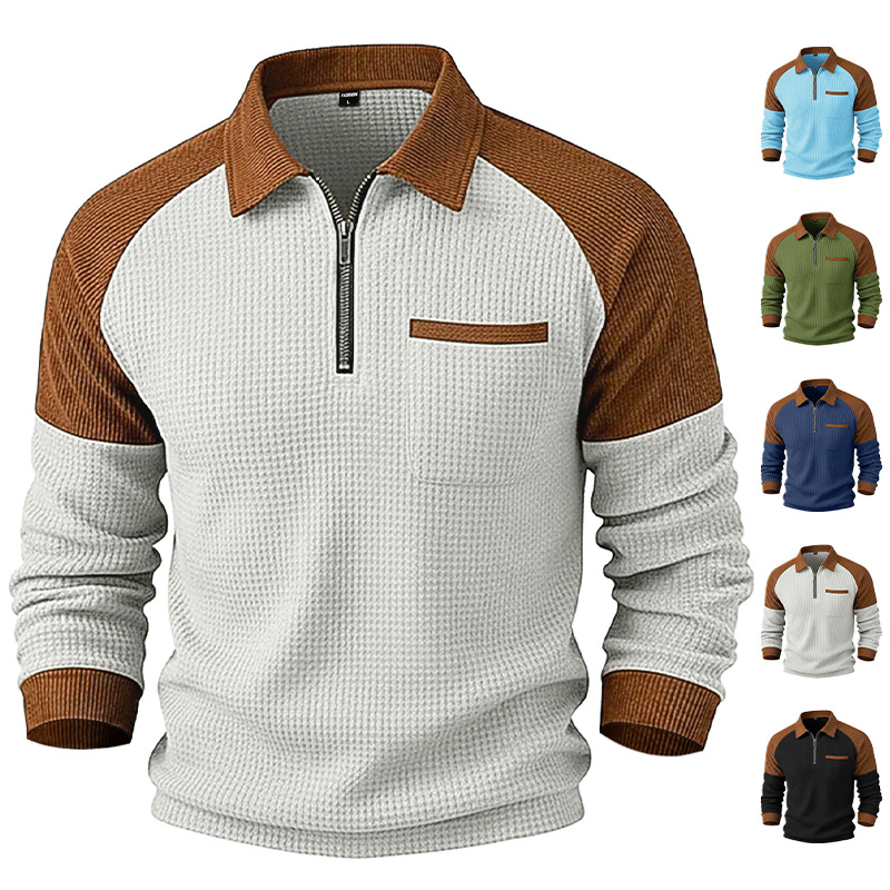 2026 Nuova Polo da uomo Cross-Border Foreign Trade in maglia waffle con colletto risvoltato e mezza zip, felpa casual_voghion.com