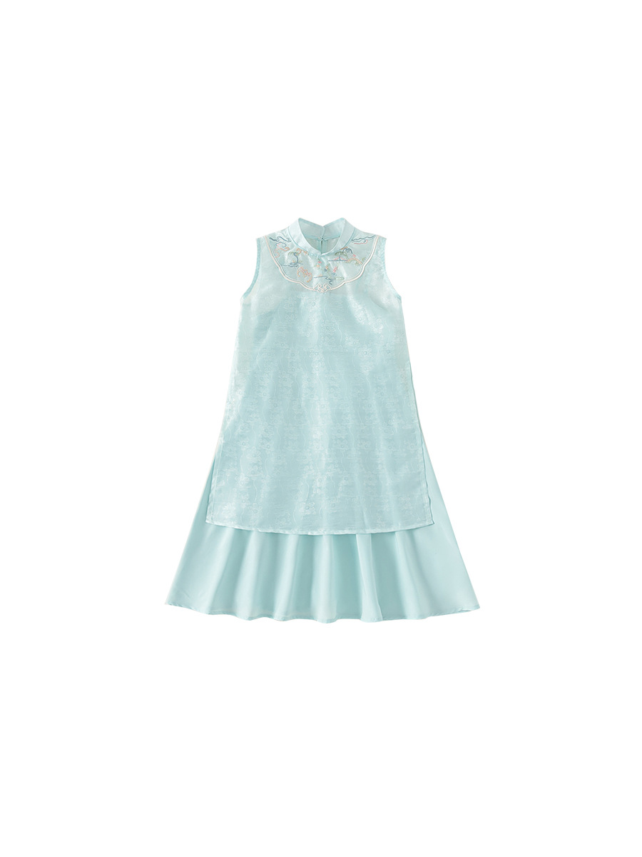 Youbao ropa para niños traje de niña verano bordado estilo nacional cuello alto vestido cheongsam vestido de tirantes de color sólido traje de dos piezas