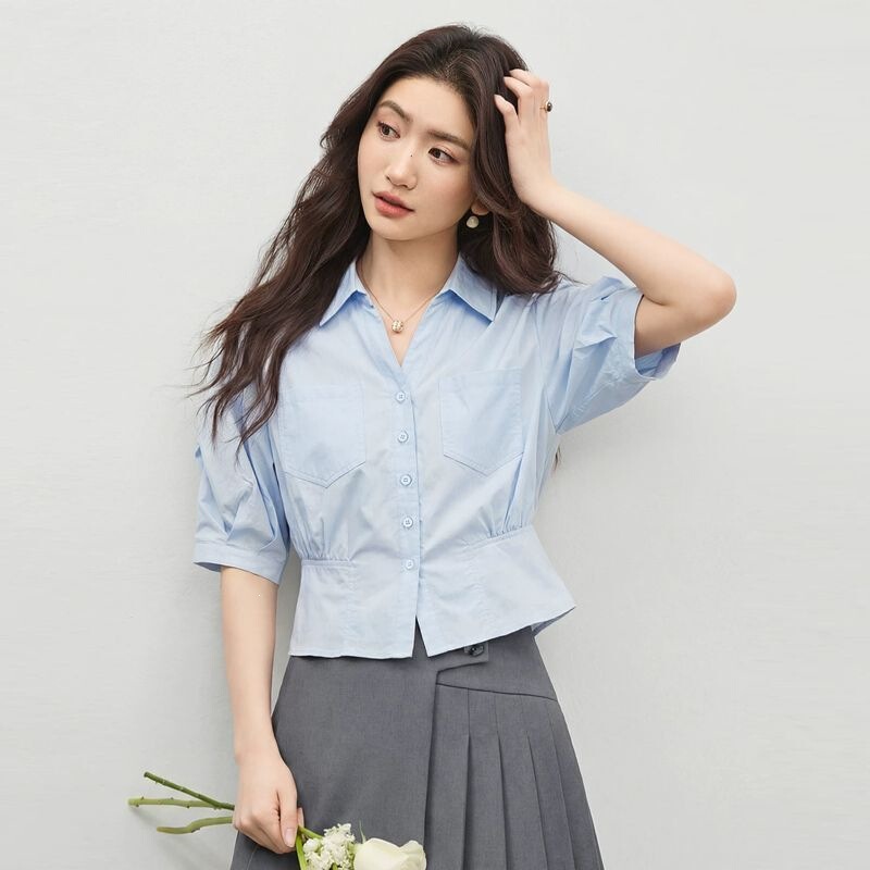Sports Shirt for Women 2026 Summer Cotton Five-Quarter Sleeve Shirt with Lapel, Waist-Cinching, Slimming, Pleated Shirt 2629