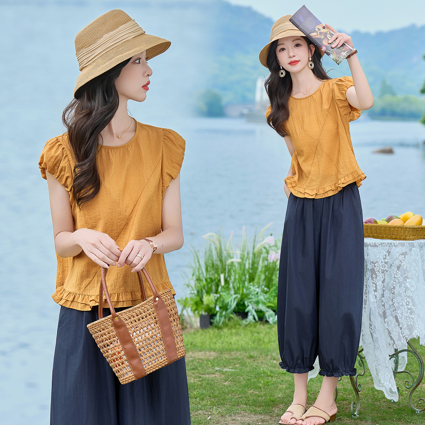 Bộ áo thun cổ tròn tay ngắn + quần ống rộng nữ 2 món mùa hè — màu sắc, màu xanh hồ