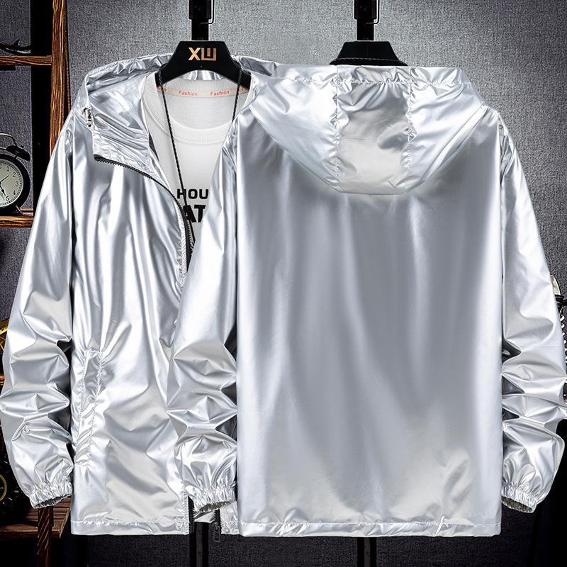 Cross-Border spring and autumn glossy jacket men's plus size handsome silver men's jacket casual hooded fashion top F2# Cross-Border spring and autumn glossy jacket men's plus size handsome silver men's jacket casual hooded fashion top F2#
