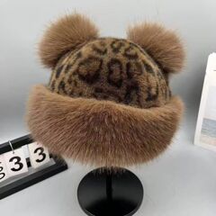 クロスボーダーレトロヒョウ柄帽子クマ耳ぬいぐるみモンゴル帽子ファッション新しい秋と冬の模造毛皮耳保護帽子卸売