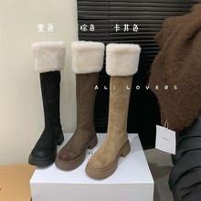 羊羔毛不过膝靴子女长筒靴2025秋冬擦色厚底加绒长靴女高筒骑士靴