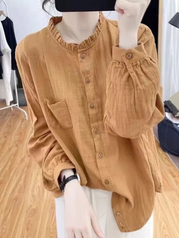 纯色长袖棉麻衬衫女春秋复古小个子宽松时尚百搭显瘦衬衣打底外穿|undefined