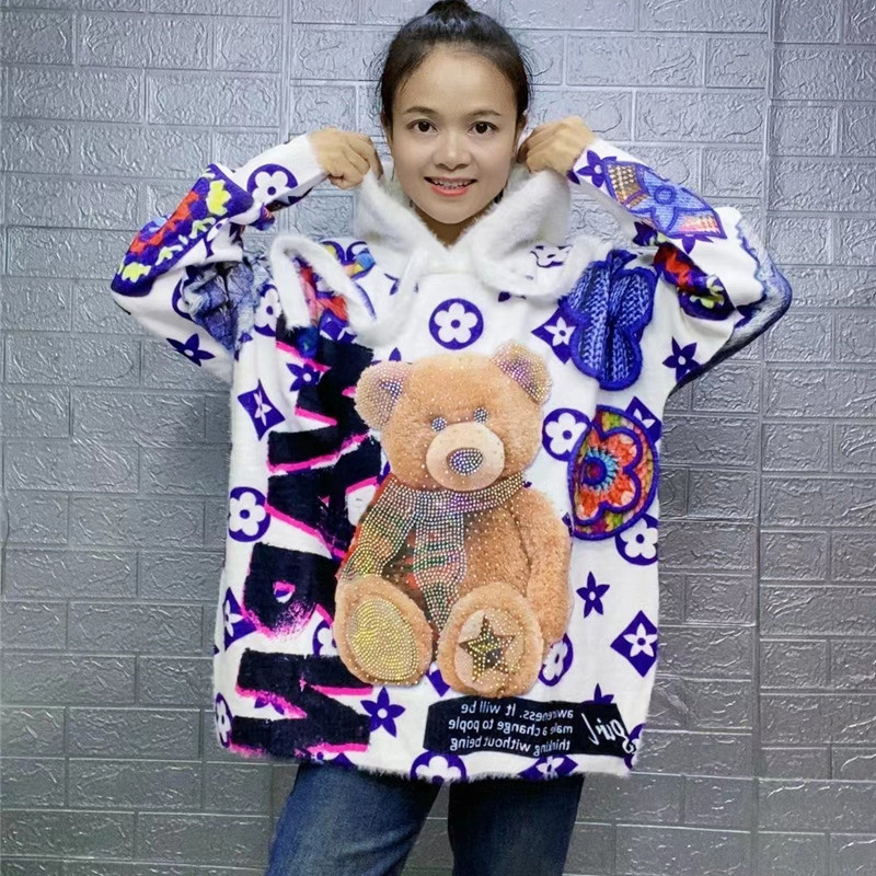Cross-border Printed Hooded Sweater Women's Autumn and Winter New European-made Heavy-made Hot-drilling Winnie Pooh Bear Loose All-match Top for Women