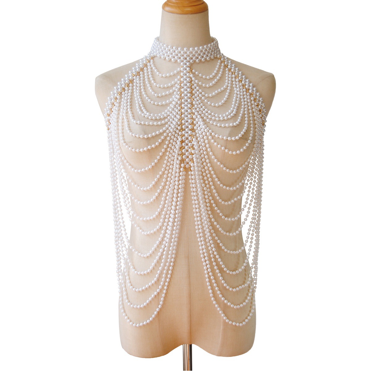 Joyas transfronterizas europeas y americanas, cadena de pecho de perla de imitación tejida a mano, decoración de pecho femenino, borla, collar multicapa, cadena de cuerpo de aleación