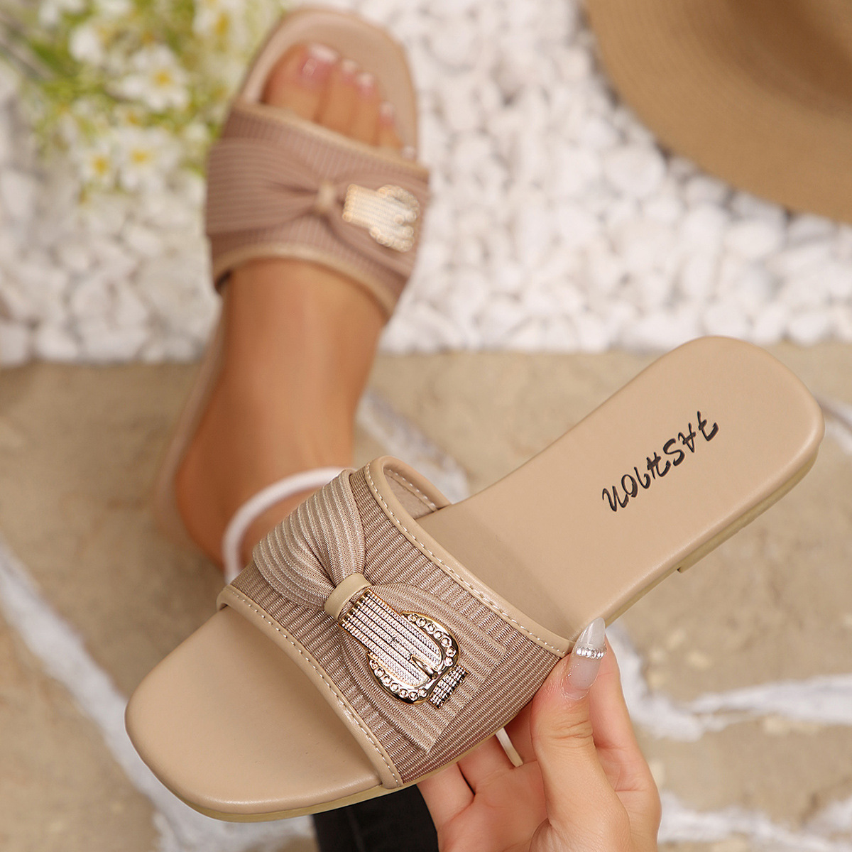 Sandalias Planas de Punta Cuadrada para Mujer, Tejido y Plástico, Cómodas, para Uso Casual