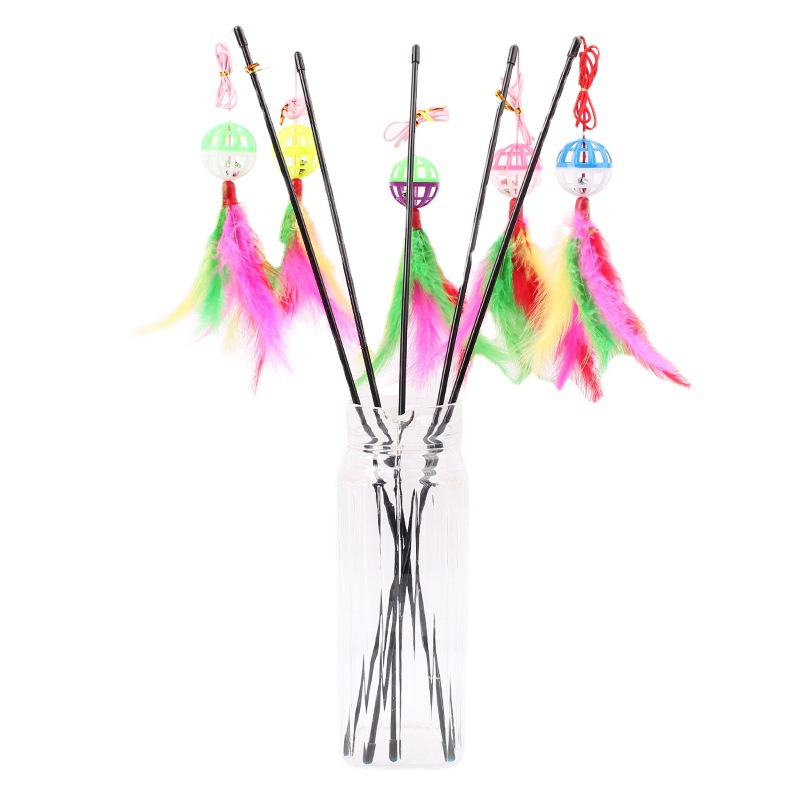 Colorido pluma de plástico Bell Ball divertido gato palo al por mayor de cuero Taobao animal pluma gato juguete divertido gato palo