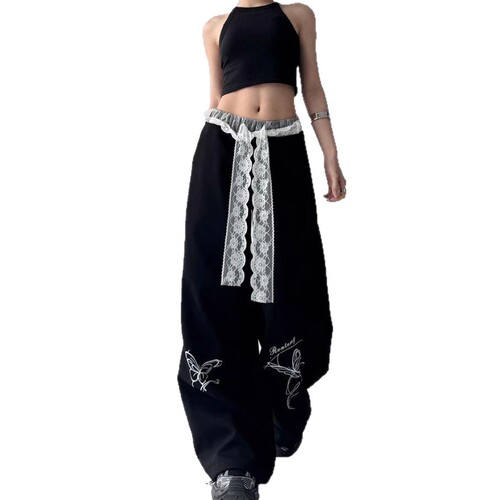 American-style bow lace casual pants for women, spring and autumn color-blocking and splicing track pants, sweet and spicy, pure desire style, design sense sportswear