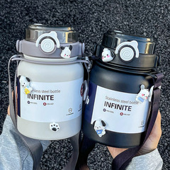 Large-capacity portable strap thermos cup for girls, outdoor double drinking straw kettle, children's cross-body couple's cup