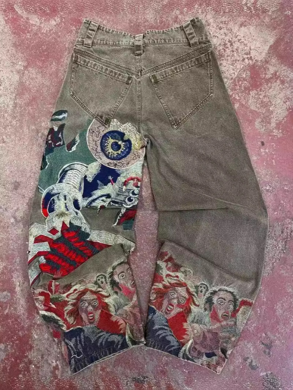 国境を越えた電気商ヒップホップパンク刺繍ゆるいジーンズY2K男子重工芸レトロなスタイルのワイドパンツ|undefined