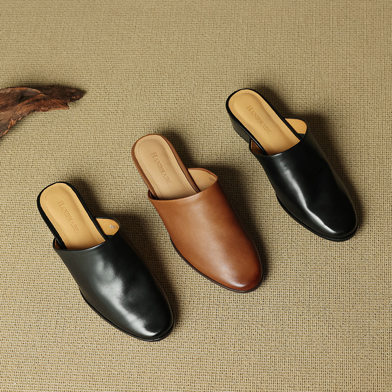 Giày mule nữ mũi tròn da bò thật đế bệt phong cách đơn giản — đen chi tiết 13
