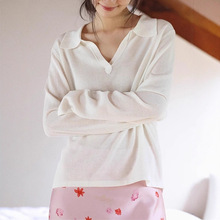 简约慵懒风针织Polo领打底衫女秋季复古宽松亲肤防晒长袖套头上衣