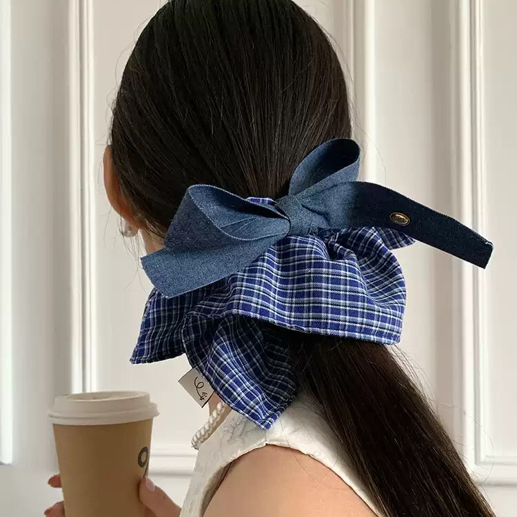 デニムリボンスクエアスカーフポニーテールヘアバンド大高級スクエアヘッドバンドチェック柄無地ヘアバンドヘアアクセサリー|undefined