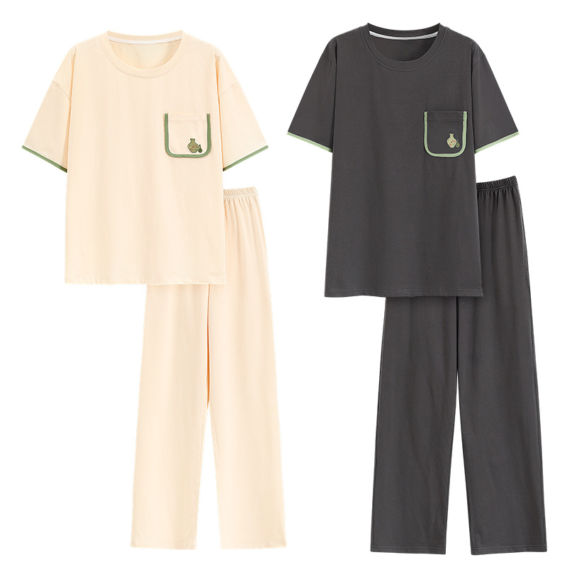 [Antibacteriano] pijama hombre de verano de mangas cortas de algodón pareja conjunto de mujeres casuales de color sólido de alta calidad ropa para el hogar