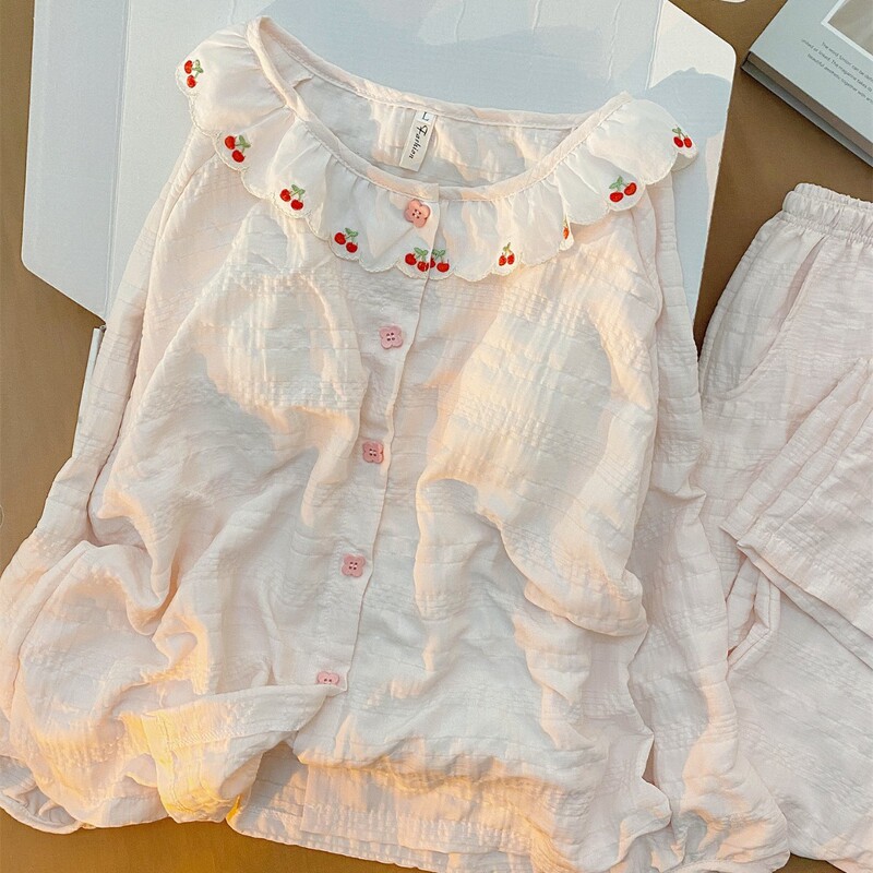 Sweet Pink Cherry Pajamas for Women Spring & Fall Style with Breast Pads Pure Desire Long-Sleeved Lace Outer Wear Home Wear Set